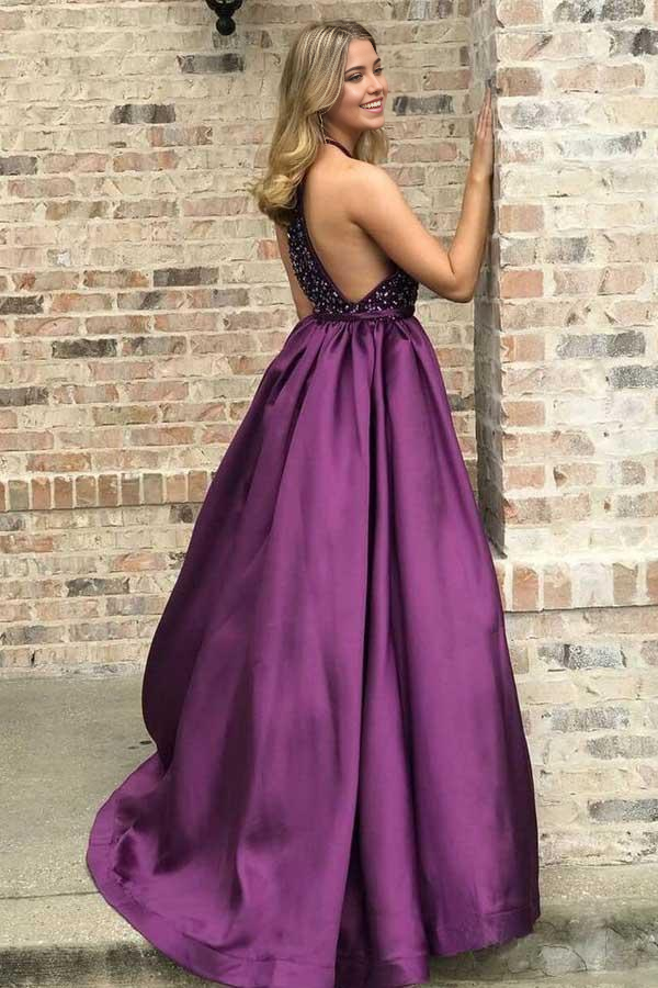 Wholesa Beaded Elegant High Neck Purple Long Prom Dresses
