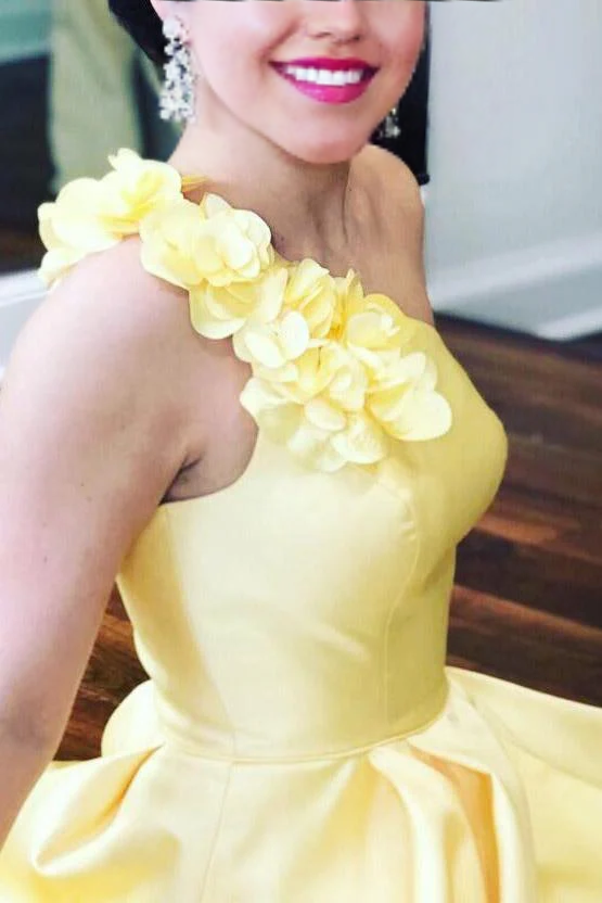 Wholesa A-Line One Shoulder Flower Blue Satin Long Prom Dress Formal Dress