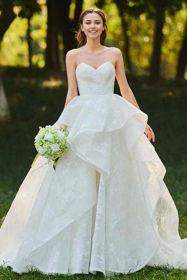Wholesa Sweetheart Lace Open Back Cascading Ruffles Sleeveless Bridal Ball Gown