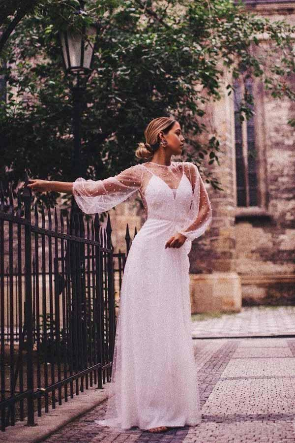 Wholesa A-line See Through Tulle Pearl Long Sleeve Wedding Dresses