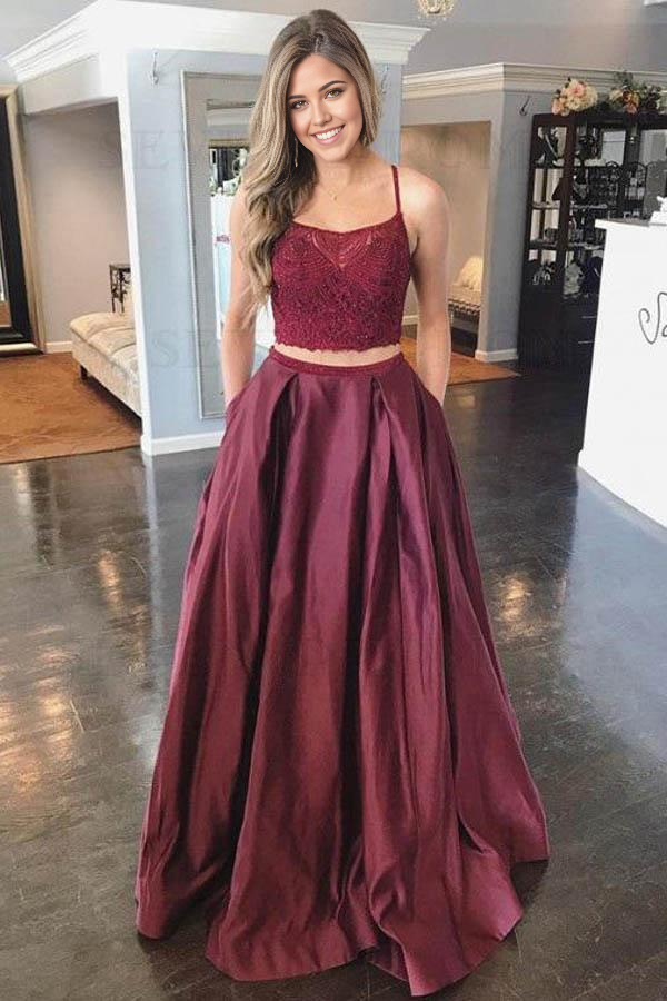 Wholesa Two Piece A-Line Burgundy Satin Lace Top Spaghetti Straps Prom Dress