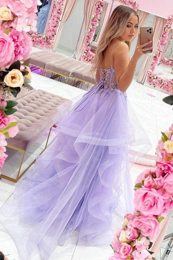 Wholesa A-line V Neck Beaded Purple Lace Floral Gorgeous Long Prom Dresses