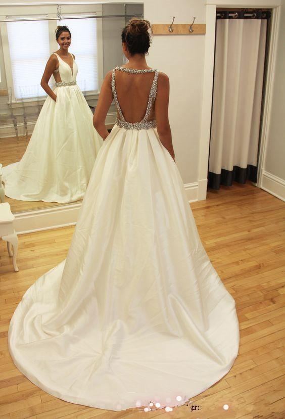 Wholesa A-line V-neck Beads Sleeveless Sweep-Train Wedding Dress