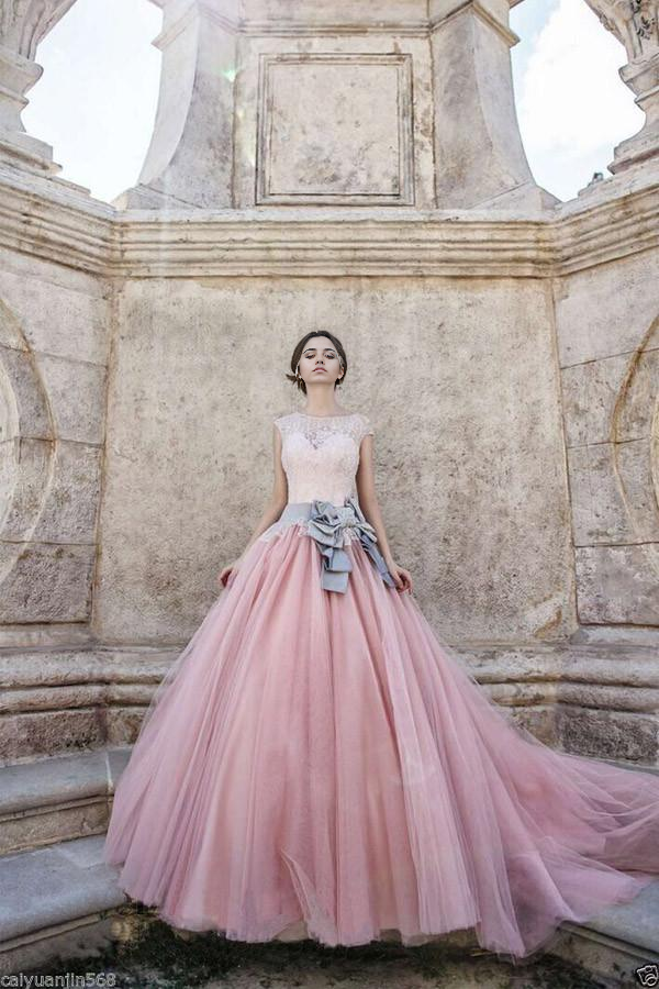 Wholesa A-line Cap Sleeves Ball-Gown Lace Bowknot Pink Tulle Wedding Dresses
