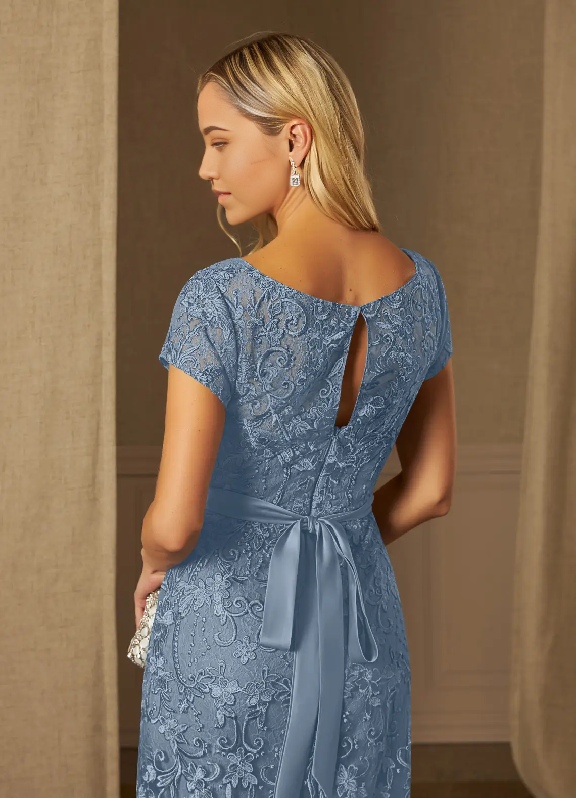 Wholesa Sheath Scoop Lace Appliques Short Sleeve Dusty Blue Mother of the Bride Dresses