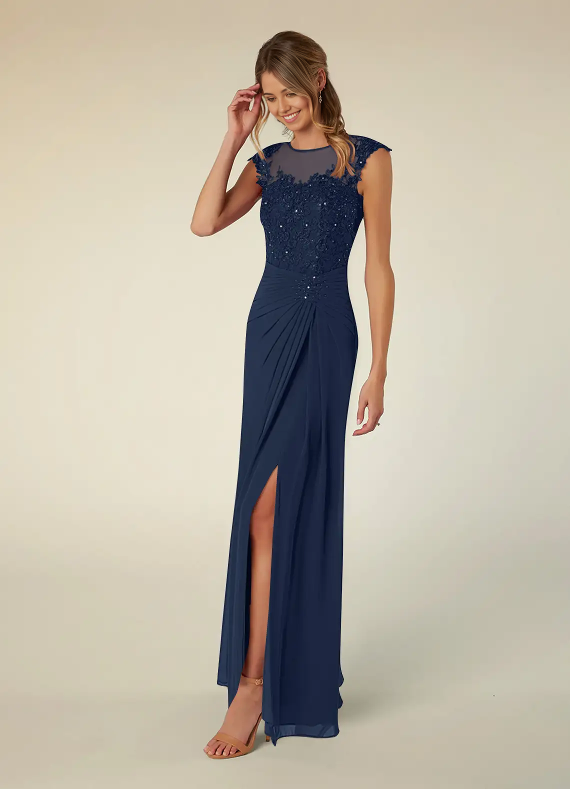 Wholesa A-Line Scoop Sequins Chiffon Dark Navy formal dresses evening dress Mother of the Bride Dresses