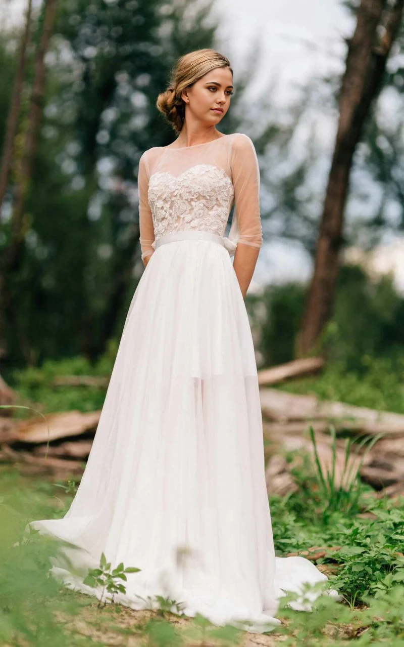 Wholesa A-line Sweetheart Long Sleeve Chiffon Tulle Lace Satin Wedding Dresses With Illusion