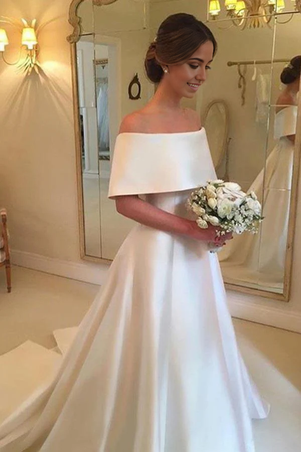 Wholesa A-Line Off-the-Shoulder Sweep Train Satin Wedding Dresses with Ruffle