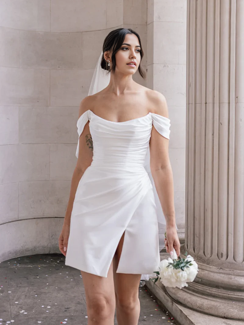 Wholesa Simple Off-the-Shoulder Short Satin Cowl Neck Formal Wedding Dress With Slit