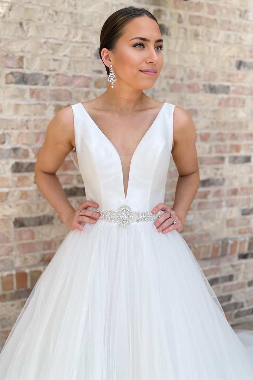 Wholesa A-Line V-Neck Long Wedding Dress with Sashes