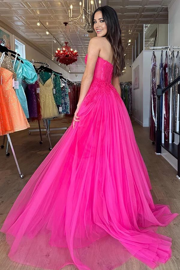 Wholesa A-line Tiered Tulle Strapless Lace Bodice Long Prom Dresses