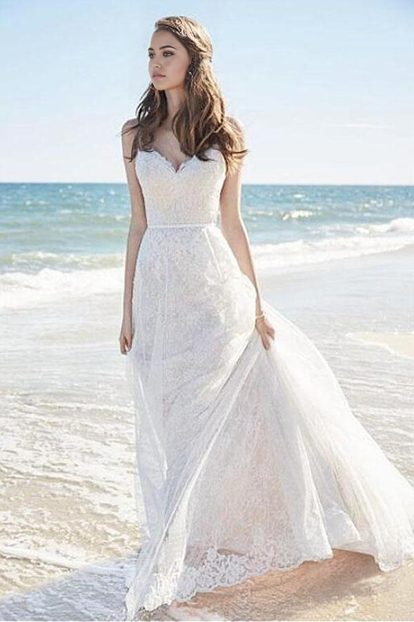 Wholesa Beach A-line Lace Spaghetti Straps Long Wedding Dresses