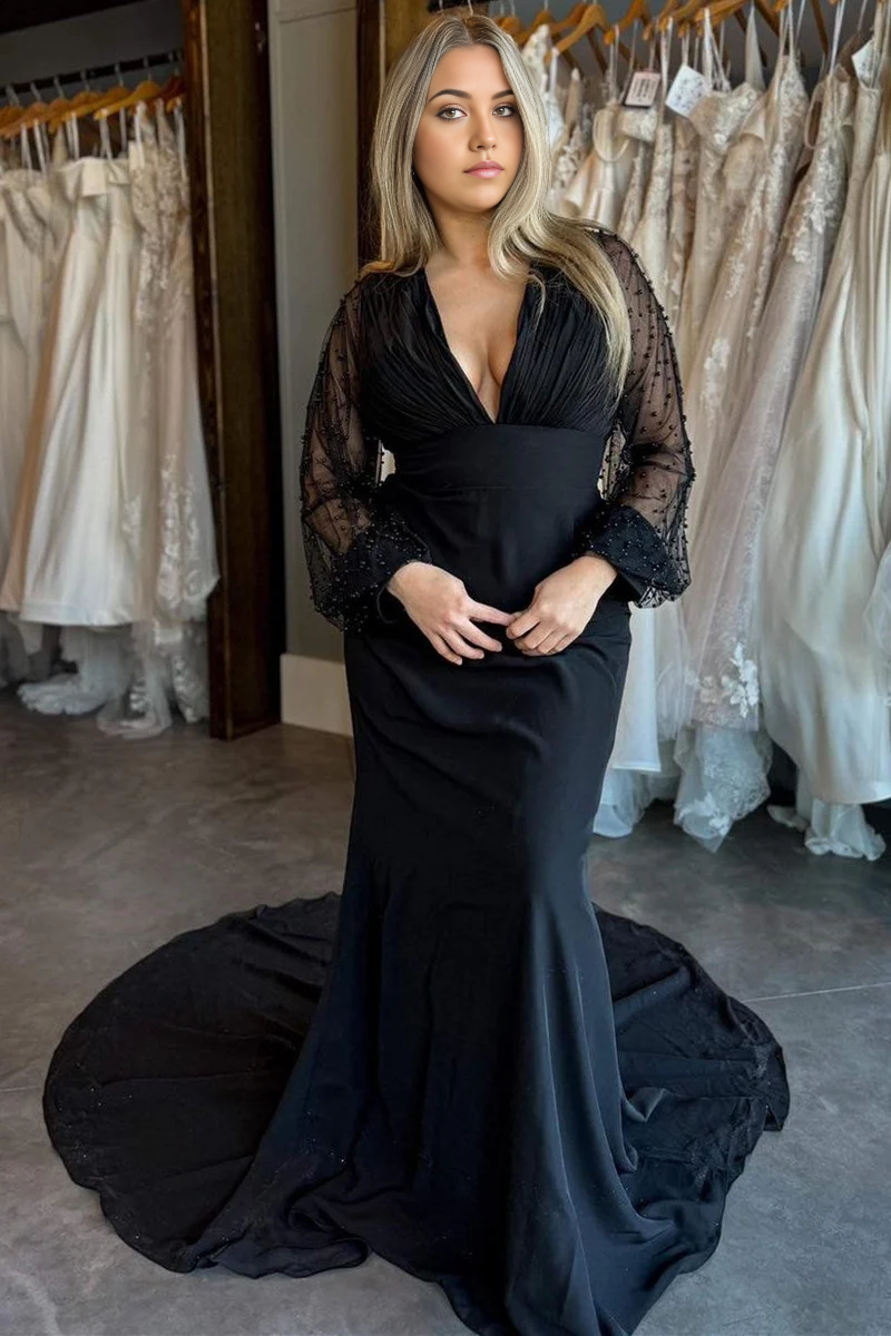 Wholesa Mermaid Beaded V-Neck Backless Long Wedding Dress with Sleeves