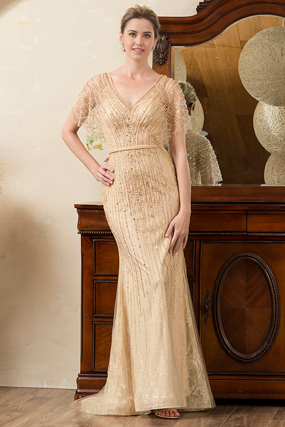 Wholesa Mermaid Beading V-neck Glitter Mother of Bride Dress