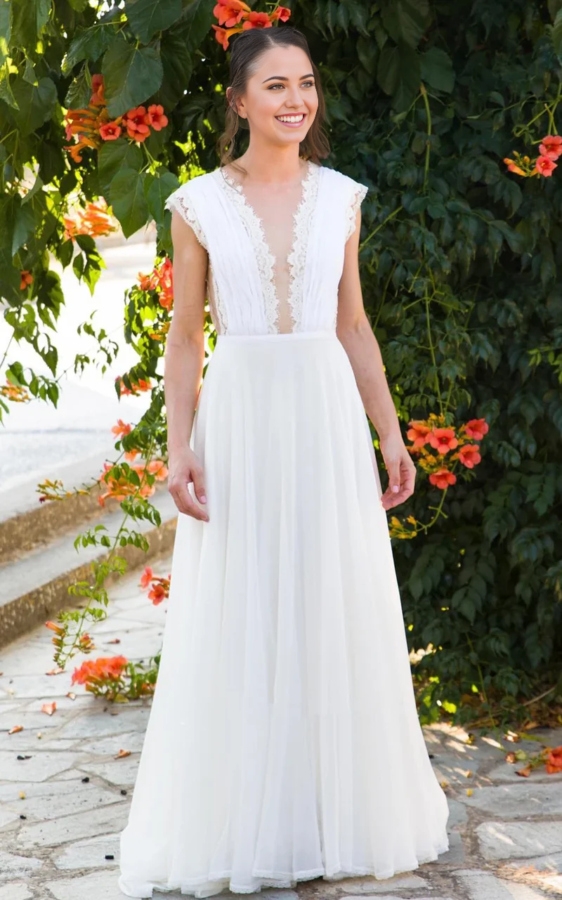 Wholesa A-Line Neckline Chiffon Lace Wedding Dress With Open Back And Pleats
