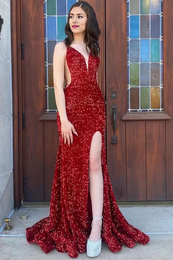 Wholesa Mermaid Sparkly Sequins V-neck Long Prom Dresses With High Slit