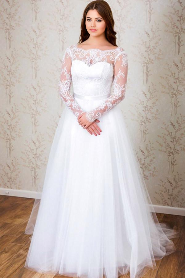 Wholesa A-line Elegant Long Sleeves White Lace Bridal Gowns Wedding Dress