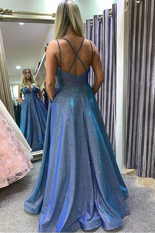 Wholesa A Line Hot Sexy Spaghetti Straps Blue Long Prom Dresses Evening Dresses