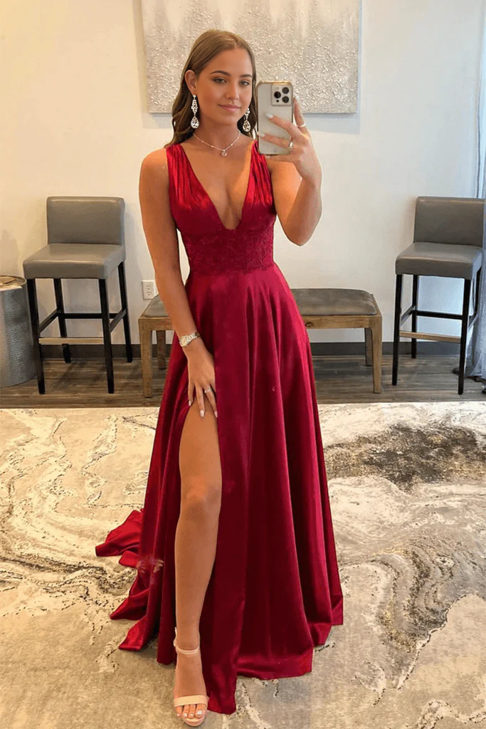 Wholesa A-line V Neck Lace Burgundy Long Prom Evening Dress with High Slit