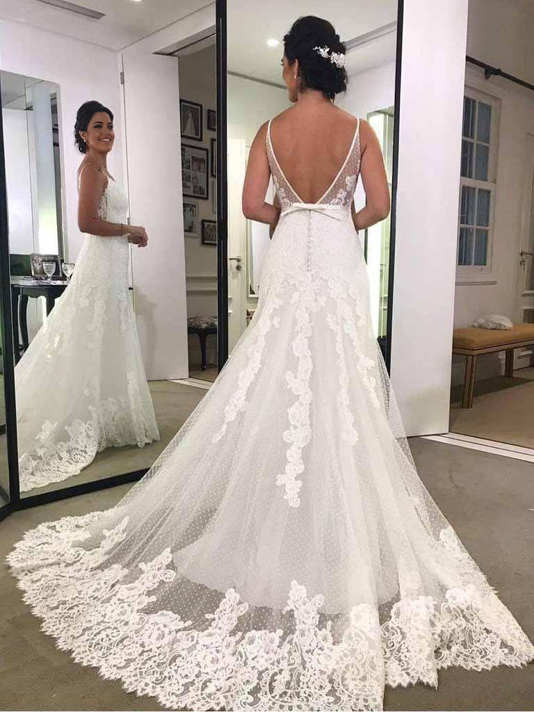 Wholesa Mermaid Beach Spaghetti Strap Printed Backless Lace Wedding Dresses
