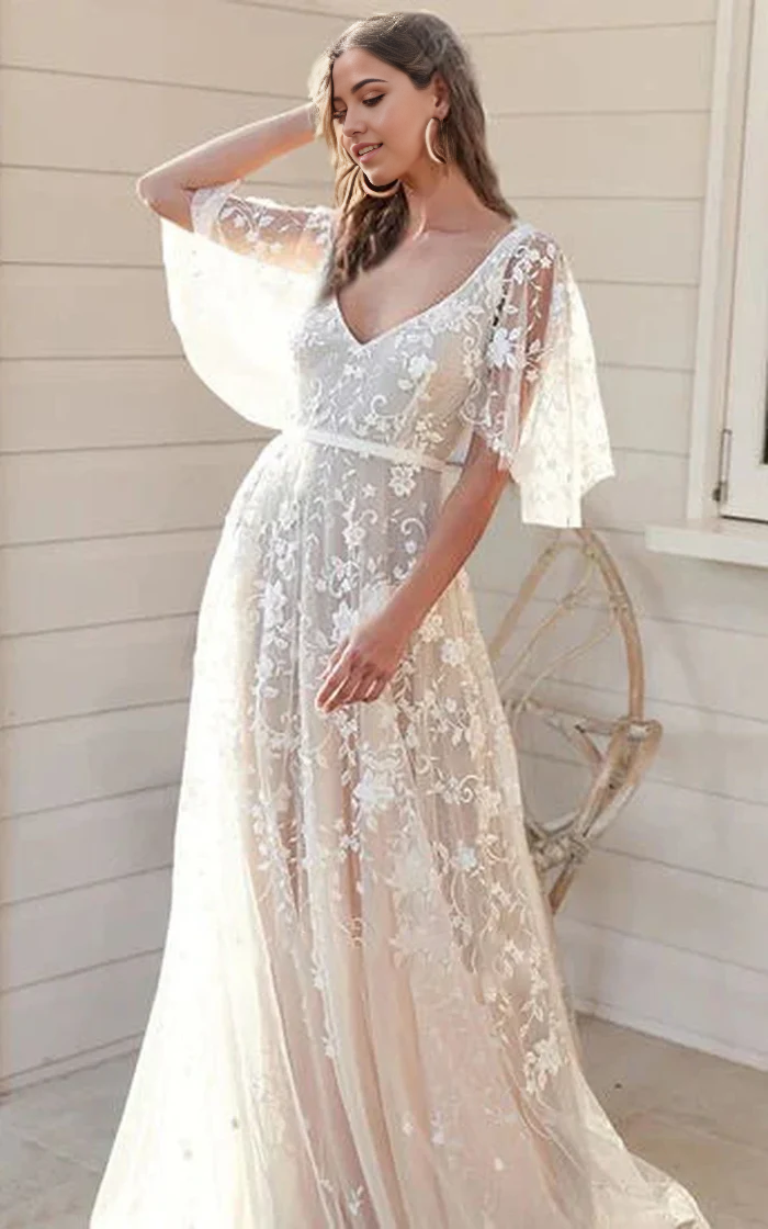 Wholesa A-Line Floral Lace Deep-V Back Short Bell Sleeve Wedding Dress