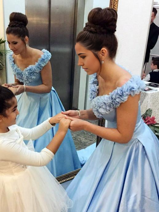 Wholesa A-line Off The Shoulder Satin Sky Blue Prom Dresses Floral Long Formal Dresses