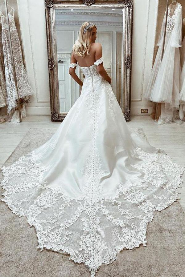 Wholesa A-line Off-the-shoulder Elegant Satin Wedding Dresses With Appliques