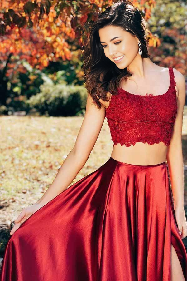 Wholesa Two Pieces Scoop Sleeveless Burgundy Split Criss Cross Back Prom Dress