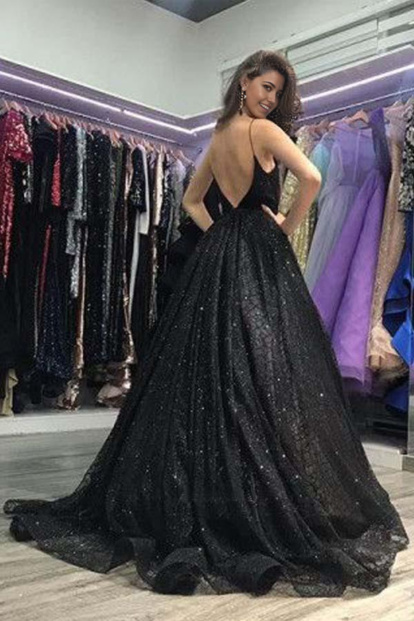 Wholesa A-line V Neck Open Back Split Sequin Black Ball Gown Long Prom Dresses