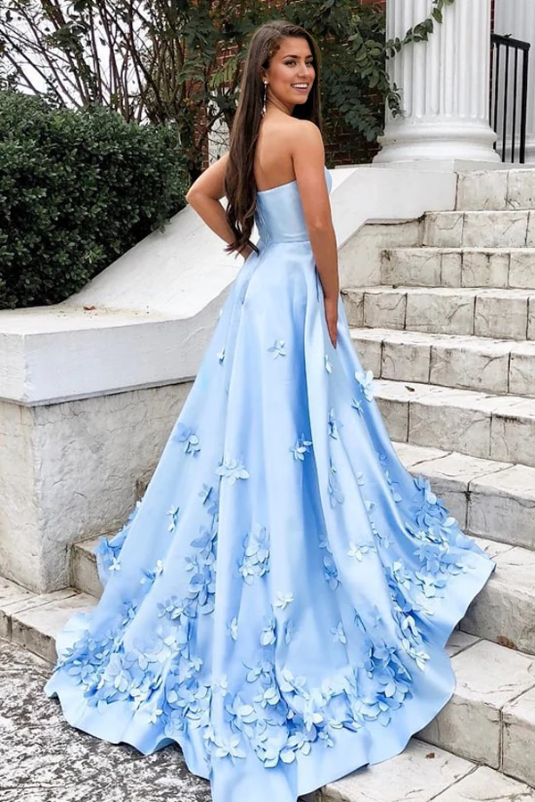 Wholesa A-line Sweetheart Satin Long Prom Dresses with 3D Floral Applique