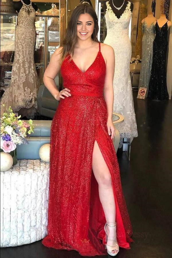 Wholesa A-Line Sparkly V Neck Red Long Prom Dresses Formal Dress with Split