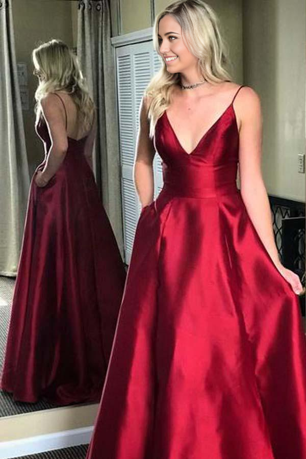 Wholesa A-line Simple Spaghetti Straps Red Long Evening Prom Dresses