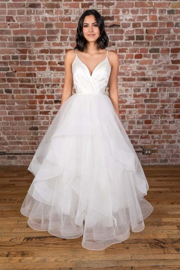 Wholesa A-line V-neck Straps Floor Length Satin White Wedding Dress with Ruffless