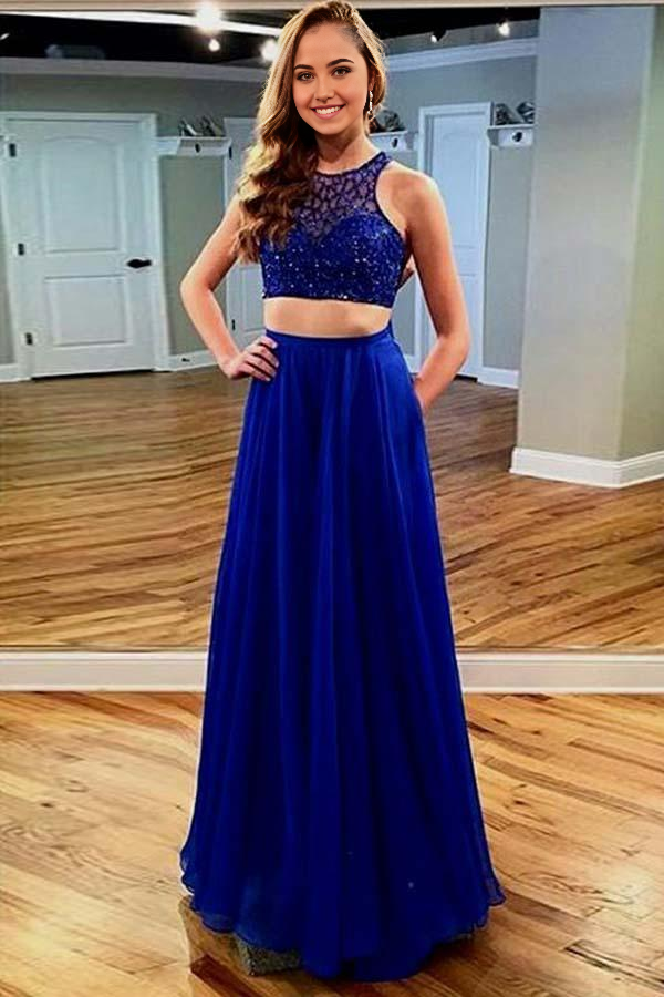 Wholesa Two Piece Floor-Length Chiffon Royal Blue Prom Dress with Lace Pockets