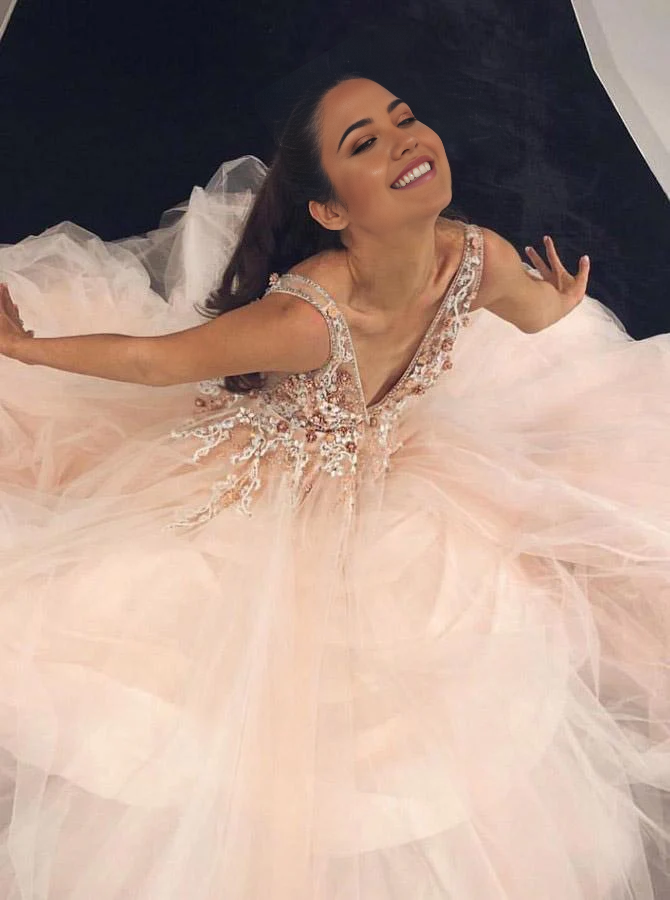 Wholesa A-Line V-Neck Appliques Beading Floor-Length Pink Prom Dress