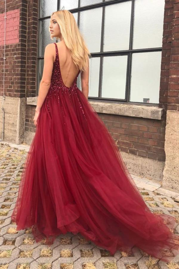 Wholesa A-line V-neck Open Back Burgundy Tulle Prom Dresses Evening Dresses with Beading