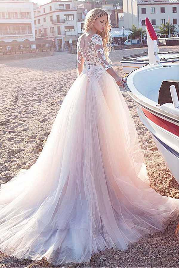 Wholesa A-line Appliques Tulle Scoop Neckline Wedding Dress With Lace