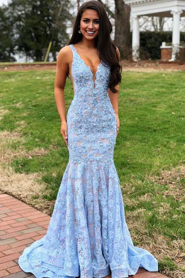 Wholesa Mermaid Elegant V-neck Open Back Lace Prom Dresses