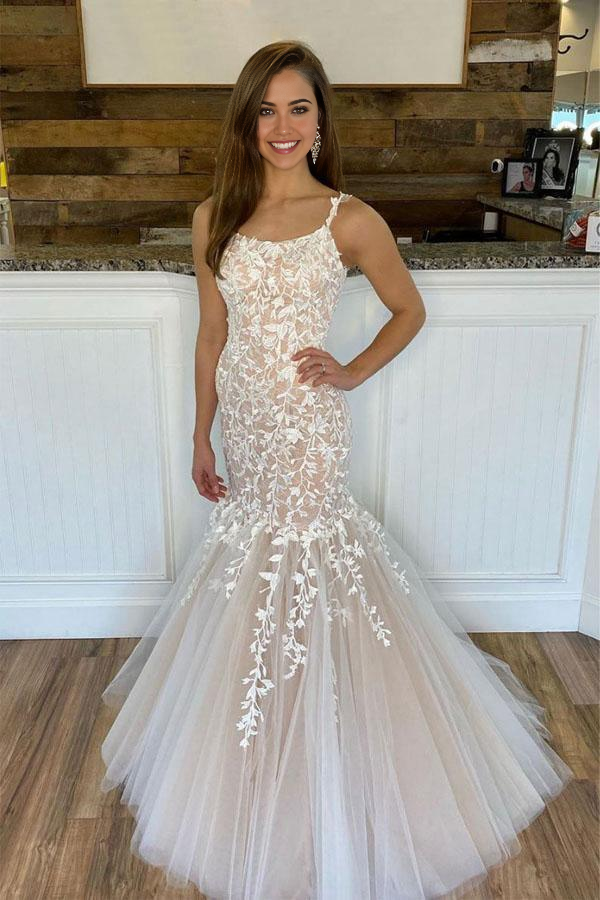 Wholesa Mermaid Champagne Tulle Lace Long Prom Dresses Evening Dresses