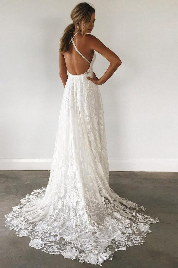 Wholesa A-Line Beach Straps Backless Court Train Lace Wedding Dress