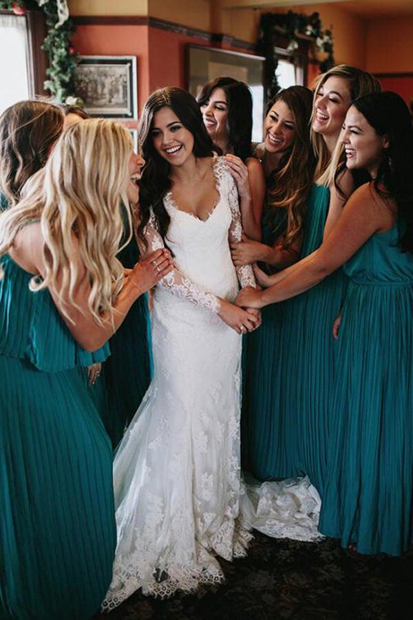 Wholesa Mermaid V Neck Long Sleeve Lace Bridal Gown Wedding Dress