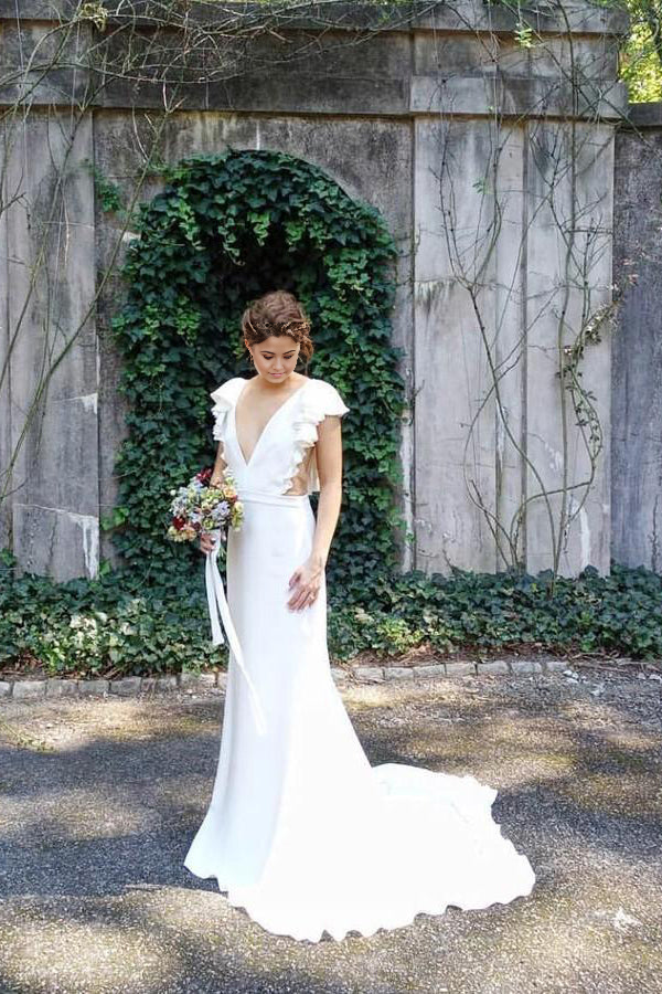 Wholesa Mermaid V-Neck Cap Sleeves Wedding Dress with Ruffles