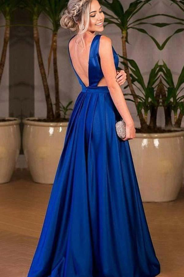 Wholesa A-Line V-Neck Cut Out Pleated Satin Royal Blue Prom Dress