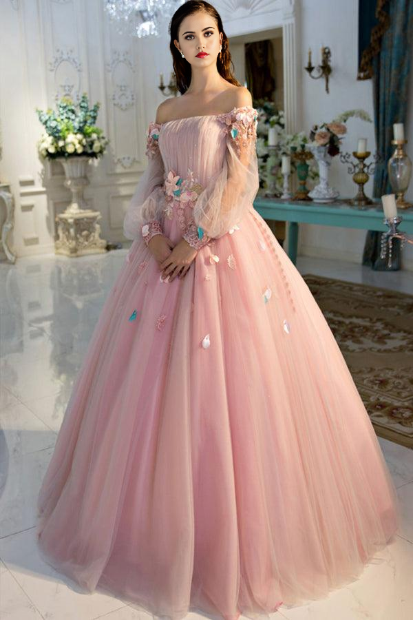 Wholesa A-line Off The Shoulder Long Prom Dress Sweet Pink Evening Dress