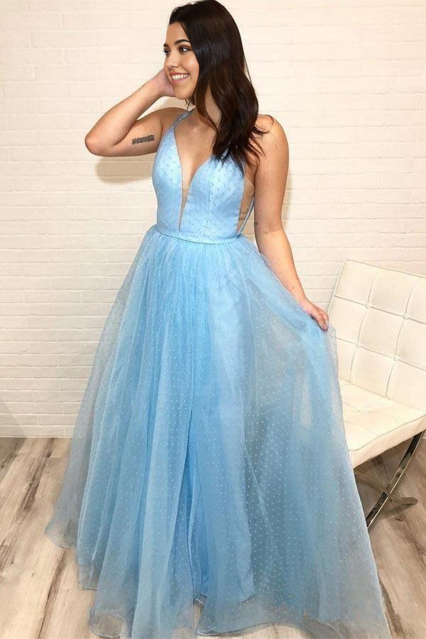 Wholesa A-line Spaghetti Strap V Neck Sky Blue Prom Dress with Tiny Dot Print