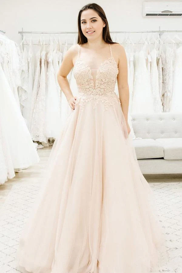 Wholesa A-line V Neckline Spaghetti Straps Illusion Plunging Wedding Dress