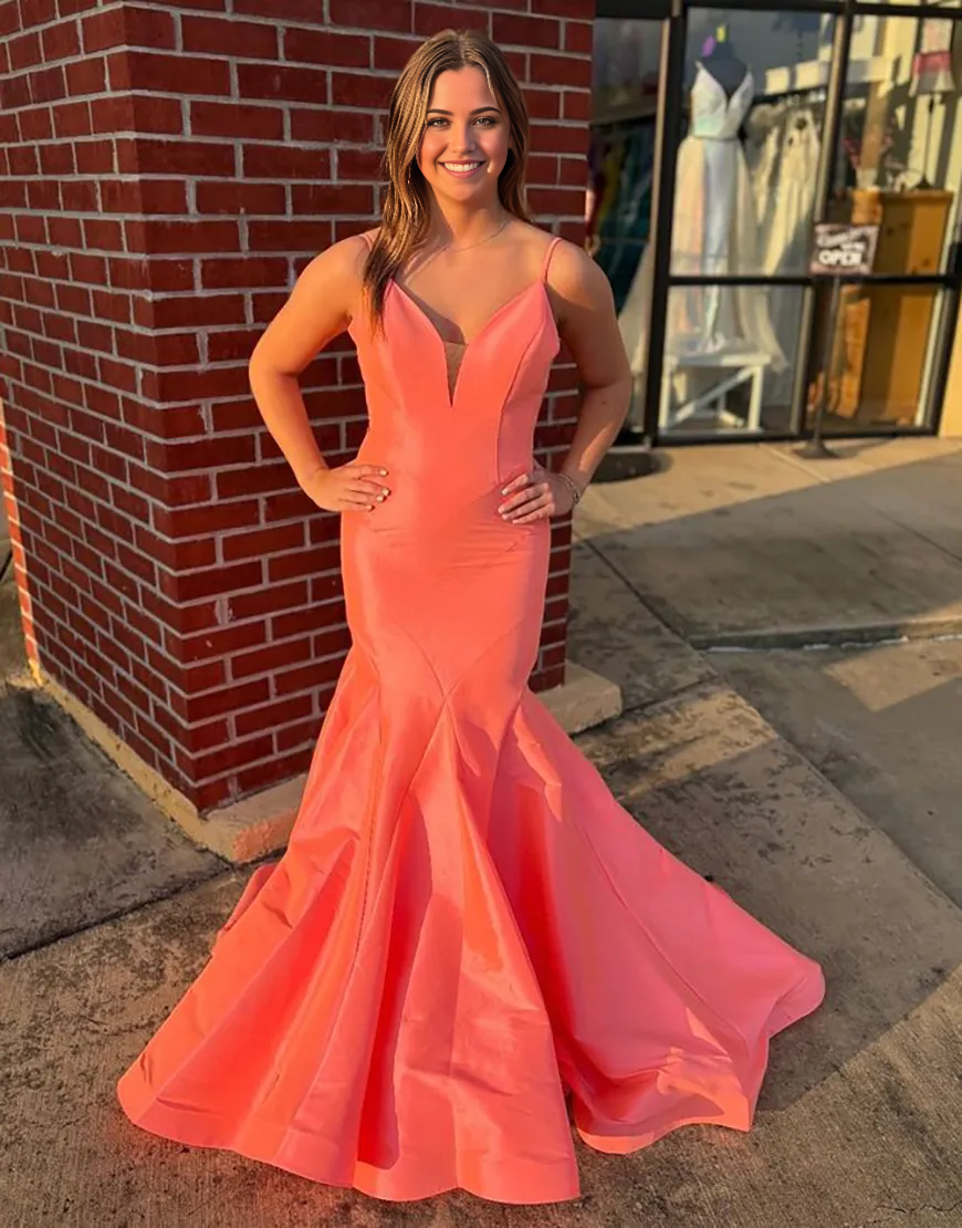 Wholesa Mermaid Spaghetti Straps Orange formal dresses evening gown Long Prom Dress