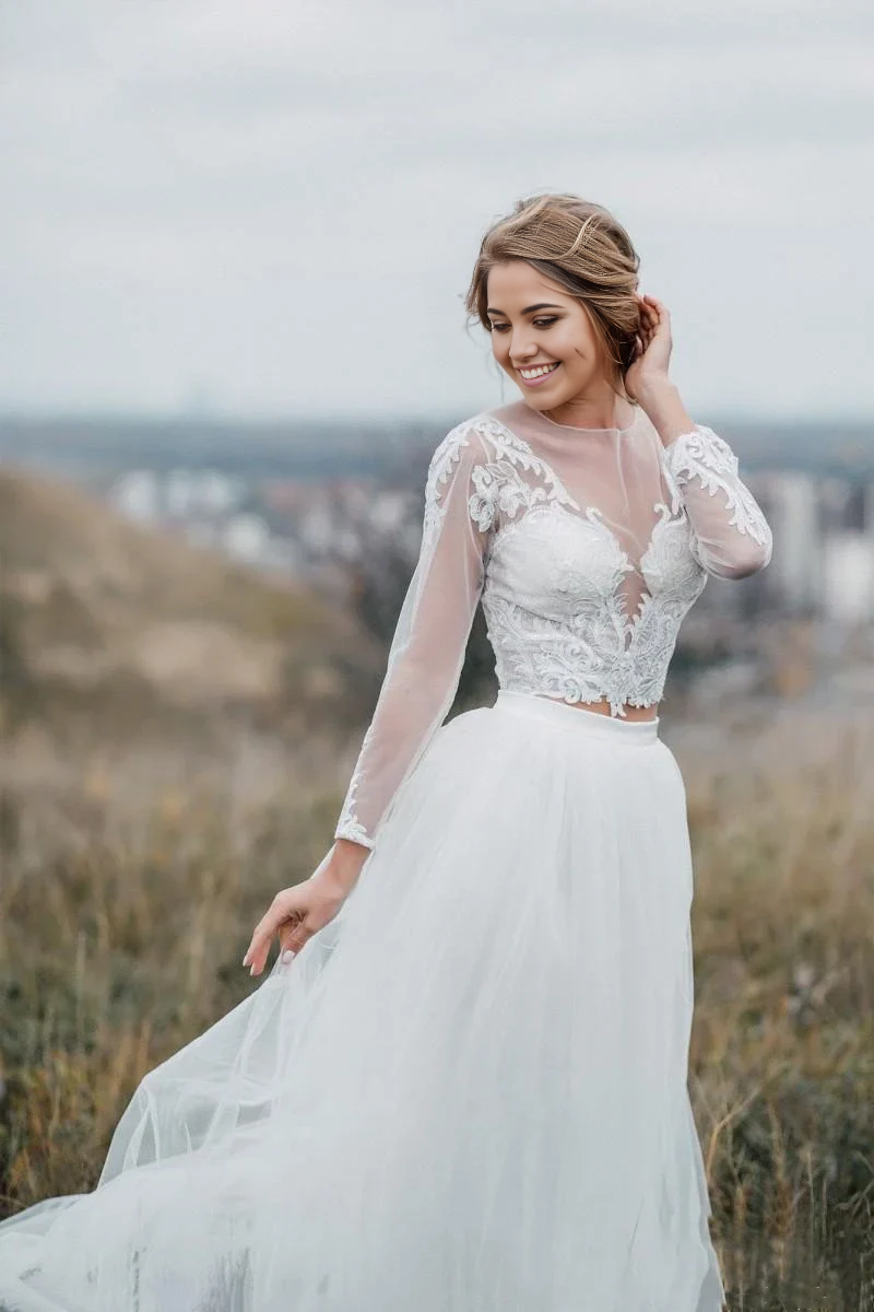 Wholesa Two Piece Bohemian Illusion Sleeves Lace Court Train Wedding Dress