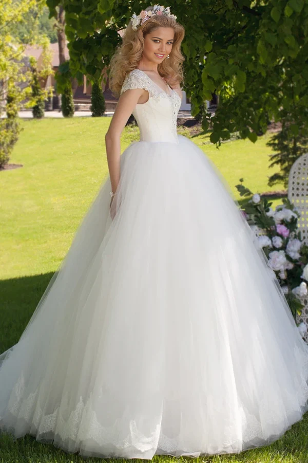 Wholesa A-line V-Neck Ruched Cap Sleeve Tulle Ball Gown Wedding Dress