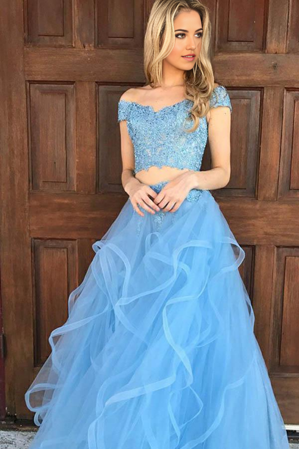 Wholesa Two Piece Off The Shoulder Sky Blue Organza formal dresses evening gown Prom Dress with Appliques